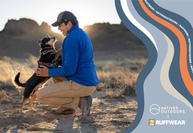 Vernan's dog jumps up on him wearing limited edition Ruffwear harness.